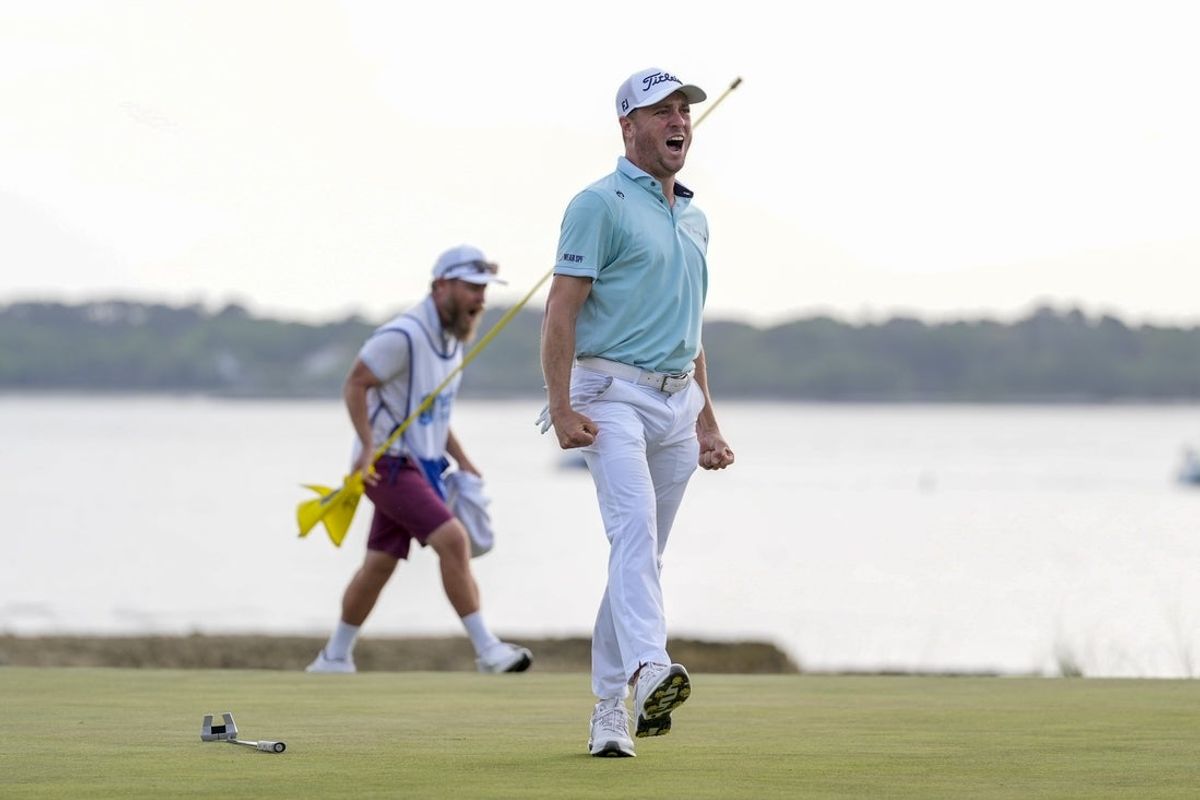 Apr 20, 2025; Hilton Head, South Carolina, USA; Justin Thomas reacts to his winning putt during the final round of the RBC Heritage golf tournament. Mandatory Credit: Jim Dedmon-Imagn Images