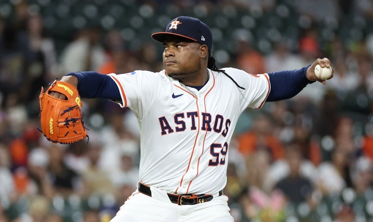 Apr 20, 2025; Houston, Texas, USA; Houston Astros starting pitcher Framber Valdez (59) pitches against the San Diego Padres in the first inning at Daikin Park. Mandatory Credit: Thomas Shea-Imagn Images
