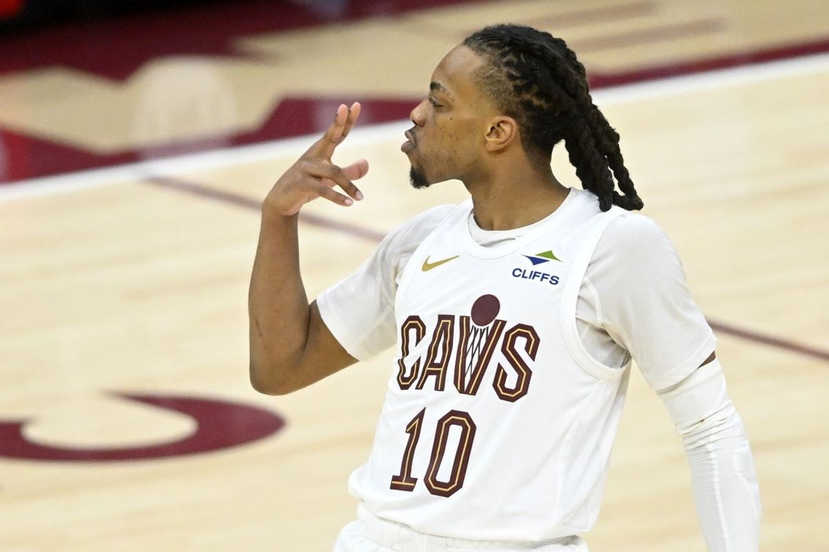 Apr 20, 2025; Cleveland, Ohio, USA; Cleveland Cavaliers guard Darius Garland (10) celebrates after making a three-point basket in the fourth quarter at Rocket Arena. Mandatory Credit: David Richard-Imagn Images