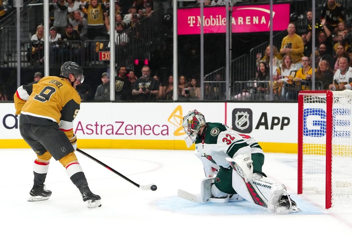 Apr 20, 2025; Las Vegas, Nevada, USA; Vegas Golden Knights center Jack Eichel (9) shoots against Minnesota Wild goaltender Filip Gustavsson (32) during the second period of  game one of the first round of the 2025 Stanley Cup Playoffs at T-Mobile Arena. Mandatory Credit: Stephen R. Sylvanie-Imagn Images