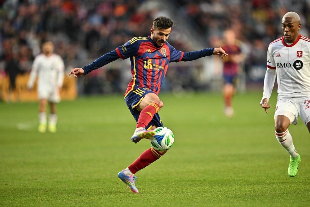 Apr 19, 2025; Sandy, Utah, USA;  Real Salt Lake midfielder Diogo Goncalves (10) in action against Toronto FC at America First Field. Mandatory Credit: Jamie Sabau-Imagn Images