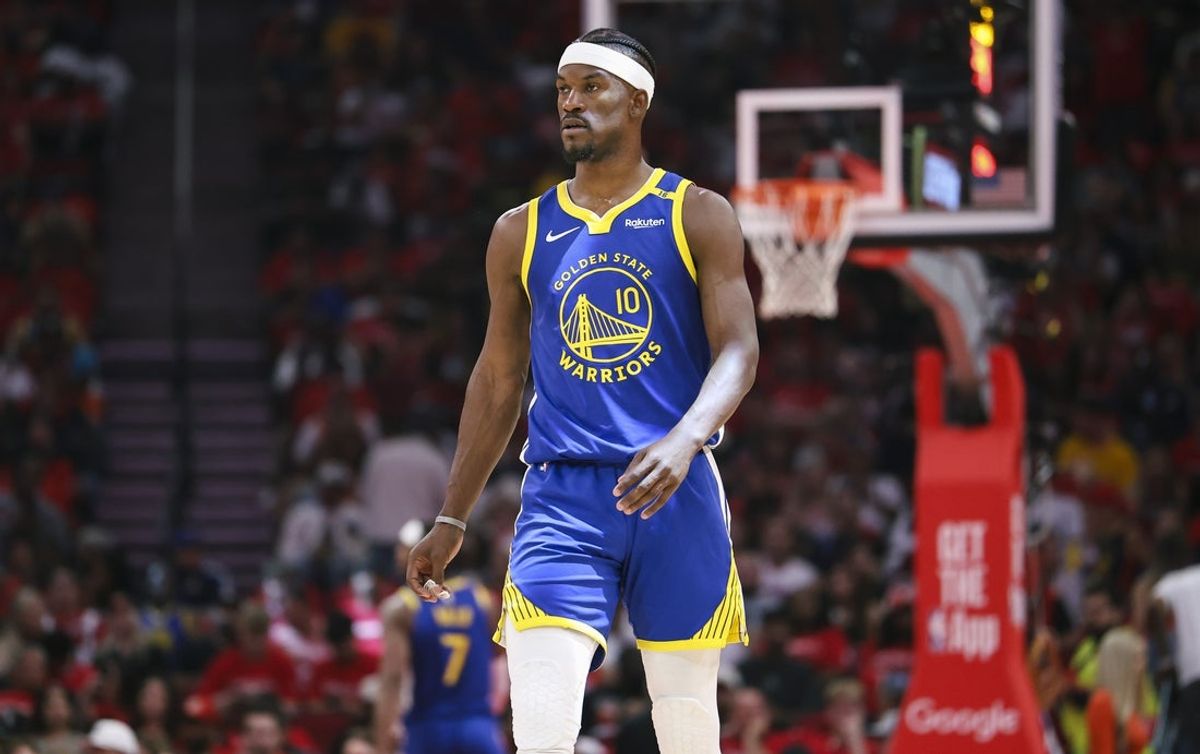 Apr 20, 2025; Houston, Texas, USA; Golden State Warriors forward Jimmy Butler III (10) walks on the court during the second quarter against the Houston Rockets at Toyota Center. Mandatory Credit: Troy Taormina-Imagn Images