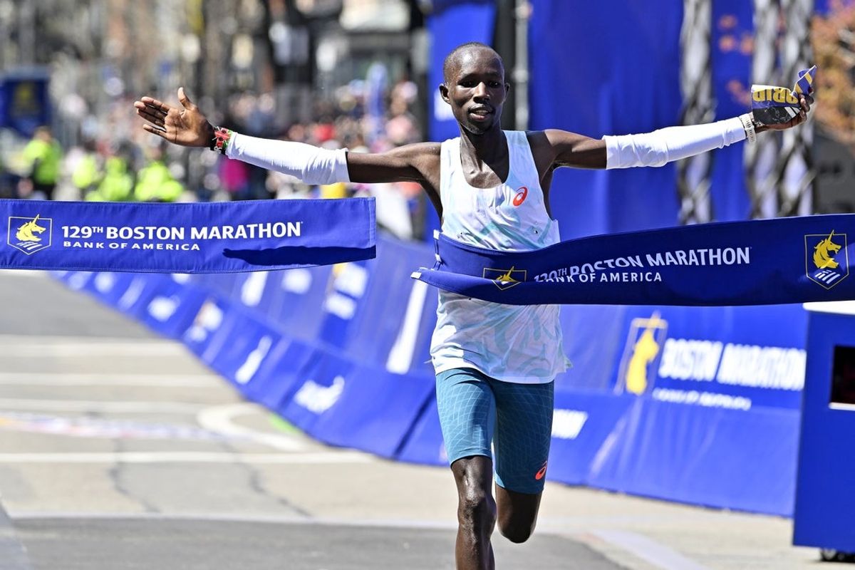 Apr 21, 2025; Boston, MA, USA; John Korir (KEN) crosses the finish line to win the 2025 Boston Marathon. Mandatory Credit: Eric Canha-Imagn Images