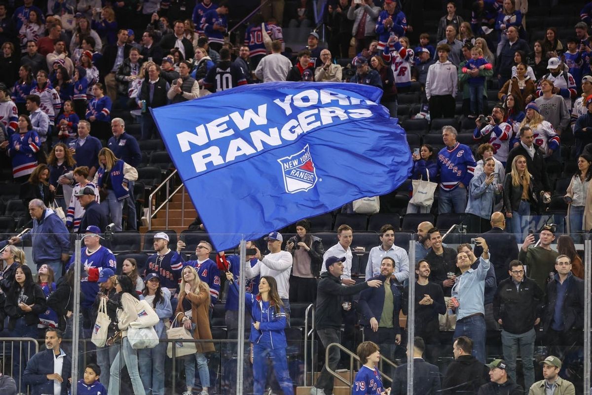 Apr 17, 2025; New York, New York, USA;  New York Rangers fans at Madison Square Garden. Mandatory Credit: Wendell Cruz-Imagn Images