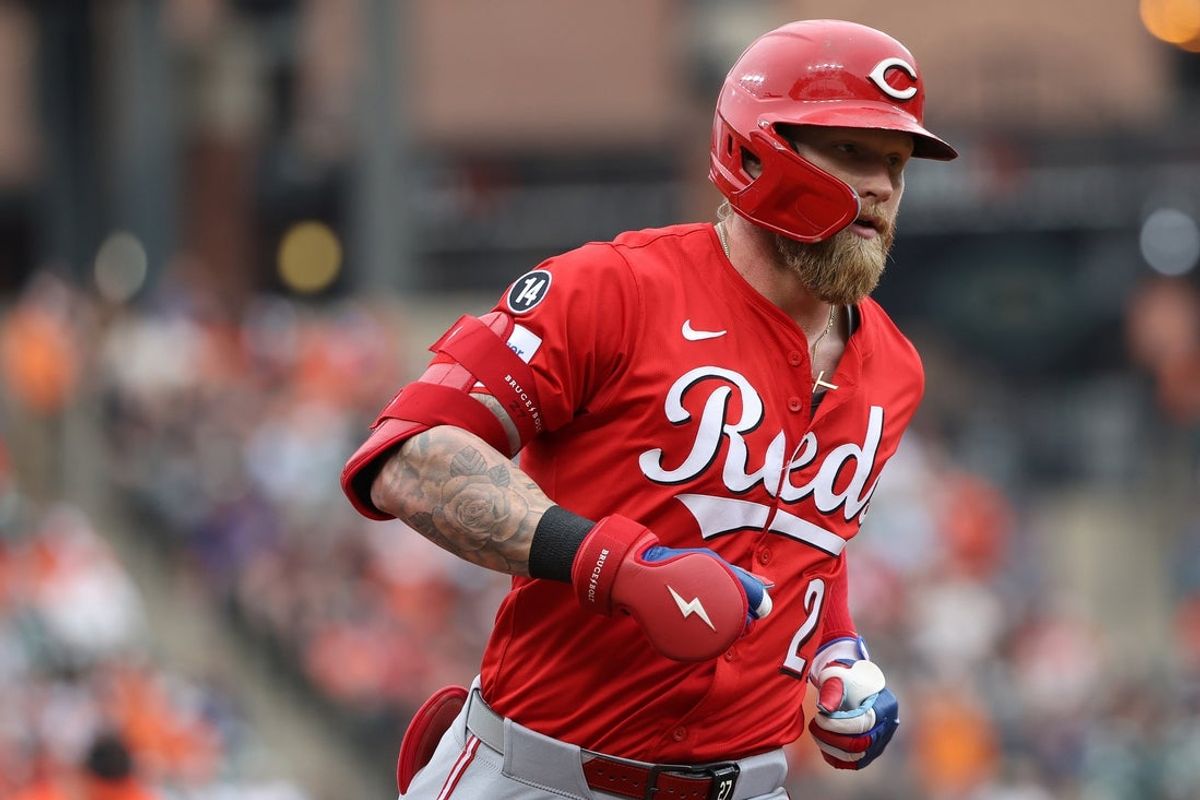 Apr 19, 2025; Baltimore, Maryland, USA; Cincinnati Reds outfielder Jake Fraley (27) rounds the bases after hitting a home run during the second inning against the Baltimore Orioles at Oriole Park at Camden Yards. Mandatory Credit: Daniel Kucin Jr.-Imagn Images