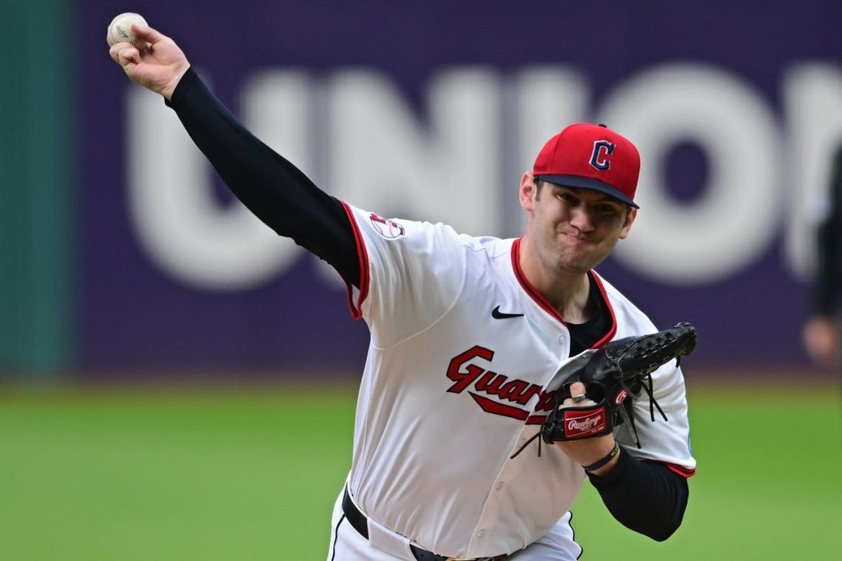 Apr 21, 2025; Cleveland, Ohio, USA; Cleveland Guardians starting pitcher Gavin Williams (32)throws a pitch during the first inning against the New York Yankees at Progressive Field. Mandatory Credit: David Dermer-Imagn Images