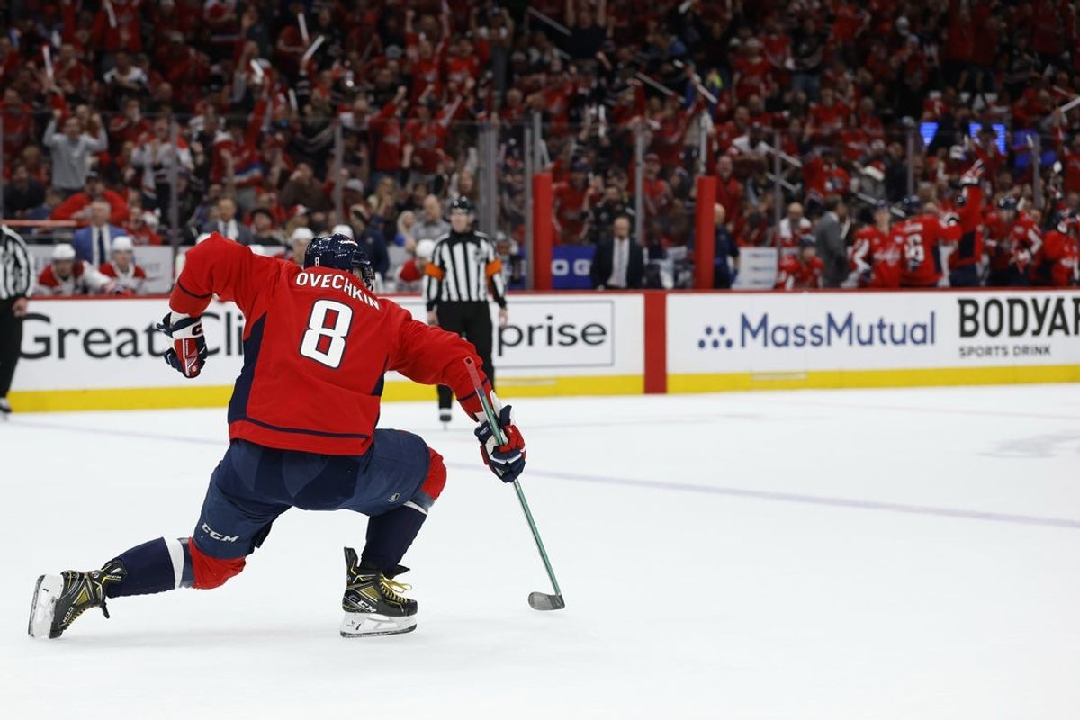 Apr 21, 2025; Washington, District of Columbia, USA; Washington Capitals left wing Alex Ovechkin (8) celebrates after scoring a goal against the Montreal Canadiens in the first period in game one of the first round of the 2025 Stanley Cup Playoffs at Capital One Arena. Mandatory Credit: Geoff Burke-Imagn Images