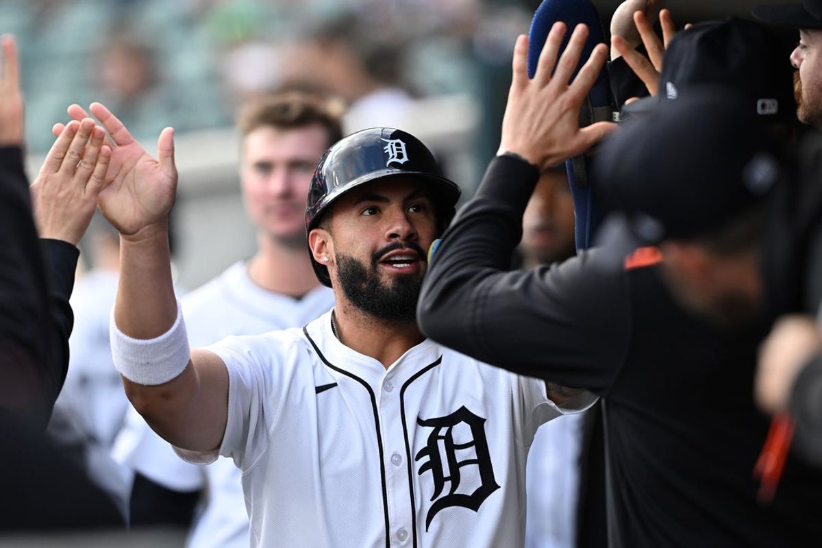 Apr 21, 2025; Detroit, Michigan, USA; Detroit Tigers second base Gleyber Torres (25) celebrates in the dugout after scoring a run against the San Diego Padres in the first inning at Comerica Park. Mandatory Credit: Lon Horwedel-Imagn Images