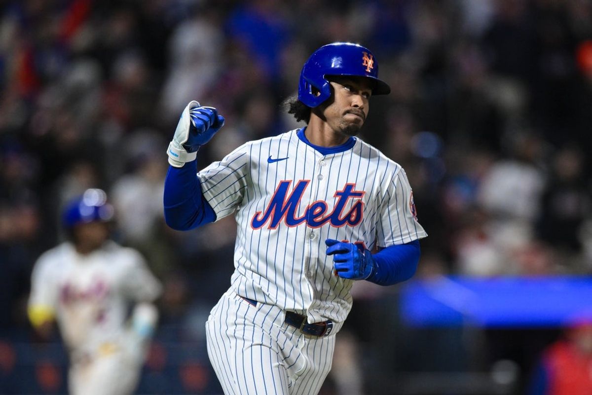 Apr 21, 2025; New York City, New York, USA; New York Mets shortstop Francisco Lindor (12) rounds the bases after hitting a three run home run against the Philadelphia Phillies during the seventh inning at Citi Field. Mandatory Credit: John Jones-Imagn Images