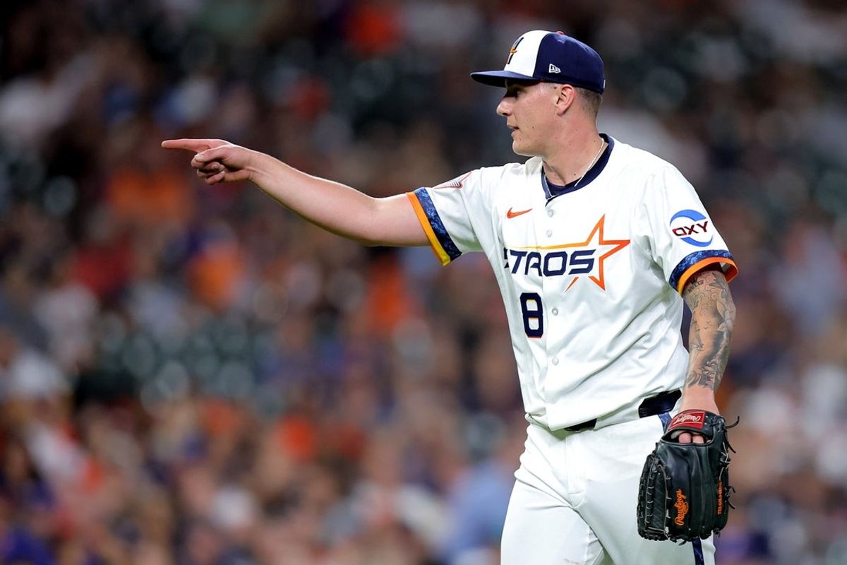 Apr 21, 2025; Houston, Texas, USA; Houston Astros starting pitcher Hunter Brown (58) reacts after a strikeout against the Toronto Blue Jays during the fifth inning at Daikin Park. Mandatory Credit: Erik Williams-Imagn Images