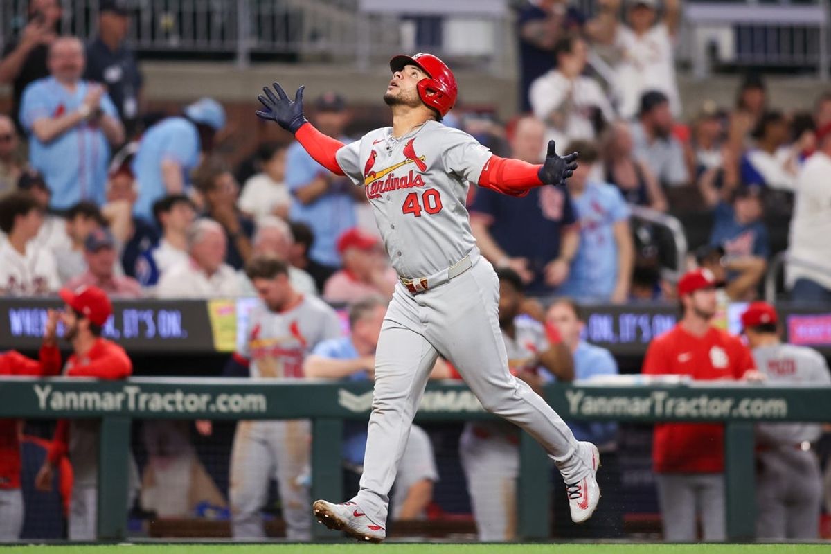 Apr 21, 2025; Atlanta, Georgia, USA; St. Louis Cardinals first baseman Willson Contreras (40) celebrates after a two-run home run against the Atlanta Braves in the ninth inning at Truist Park. Mandatory Credit: Brett Davis-Imagn Images