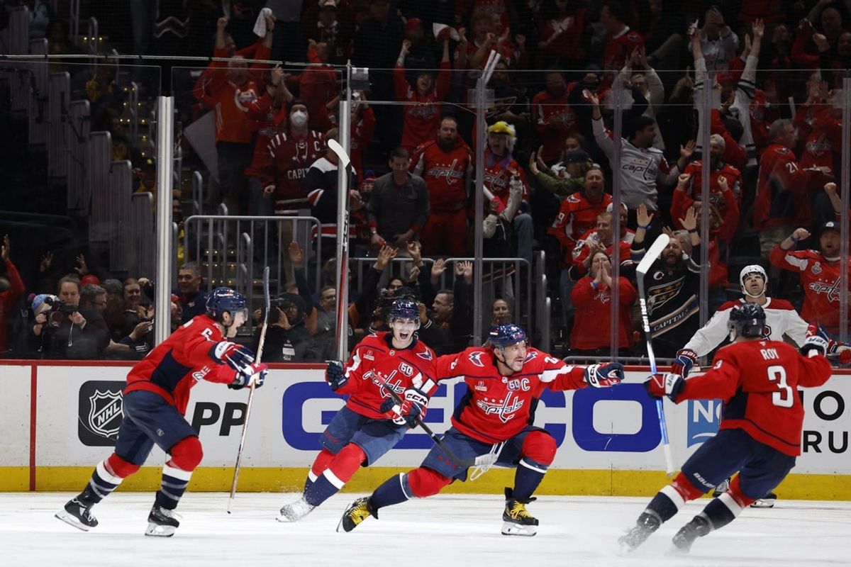 Apr 21, 2025; Washington, District of Columbia, USA; Washington Capitals left wing Alex Ovechkin (8) celebrates after scoring the game-winning goal in overtime against the Montreal Canadiens in game one of the first round of the 2025 Stanley Cup Playoffs at Capital One Arena. Mandatory Credit: Geoff Burke-Imagn Images