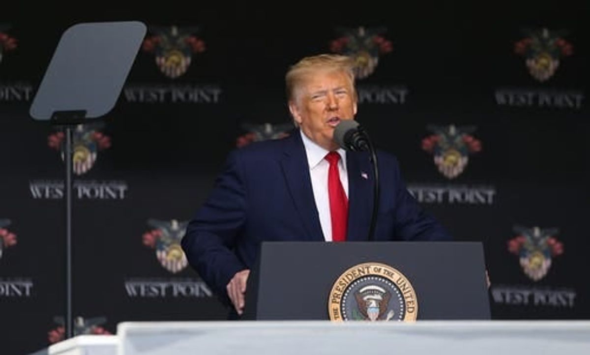 President Donald J. Trump addresses the graduates of the Class of 2020 during the commencement ceremony on the Plain at West Point.