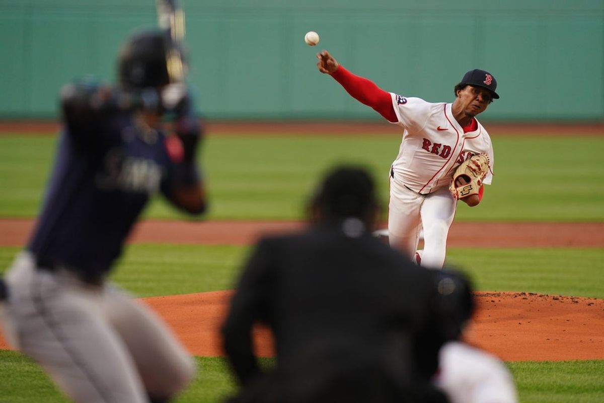 Apr 22, 2025; Boston, Massachusetts, USA; Boston Red Sox pitcher Brayan Bello (66) throws a pitch against the Seattle Mariners in the first inning at Fenway Park. Mandatory Credit: David Butler II-Imagn Images
