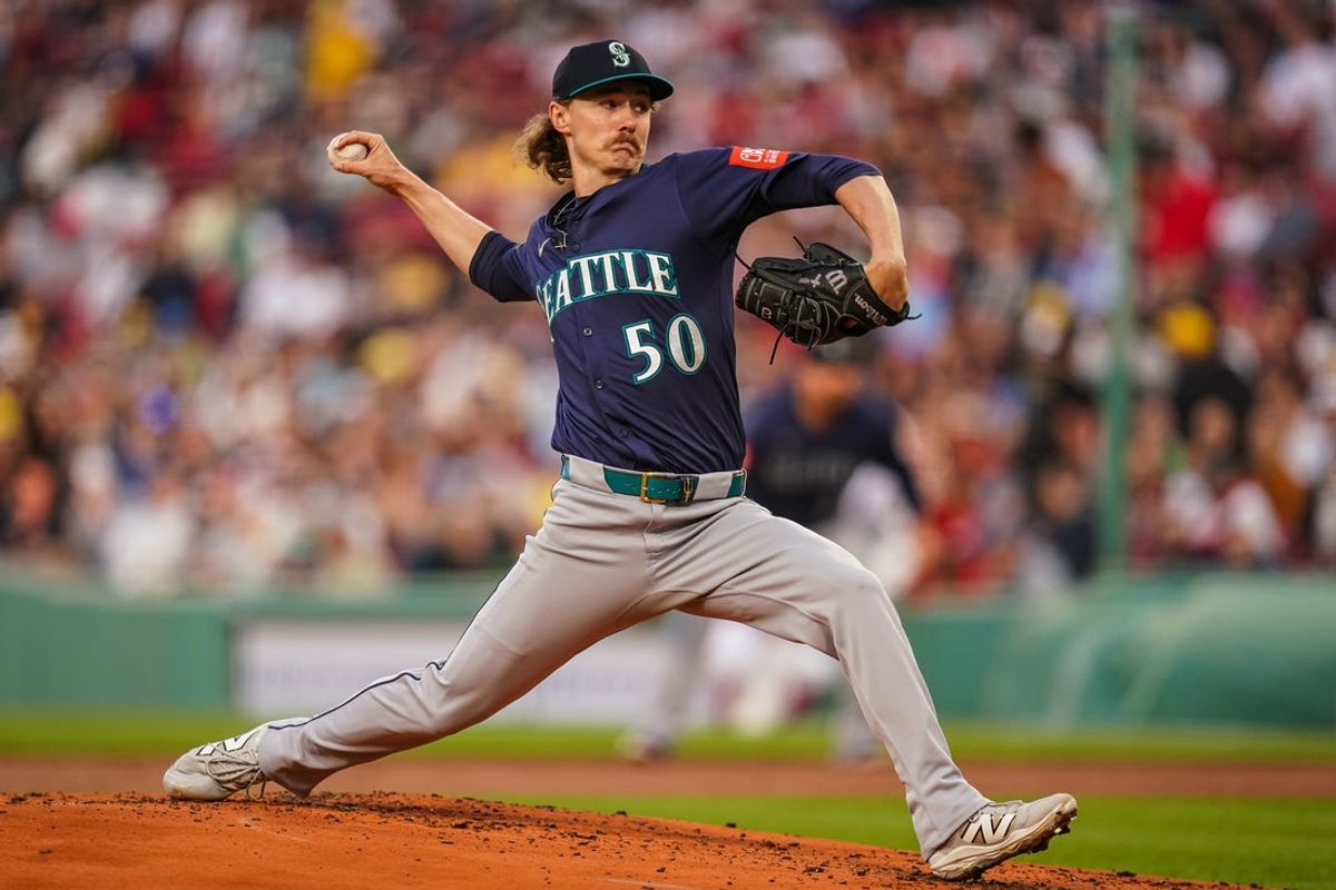 Apr 22, 2025; Boston, Massachusetts, USA; Seattle Mariners pitcher Bryce Miller (50) throws a pitch against the Boston Red Sox in the first inning at Fenway Park. Mandatory Credit: David Butler II-Imagn Images