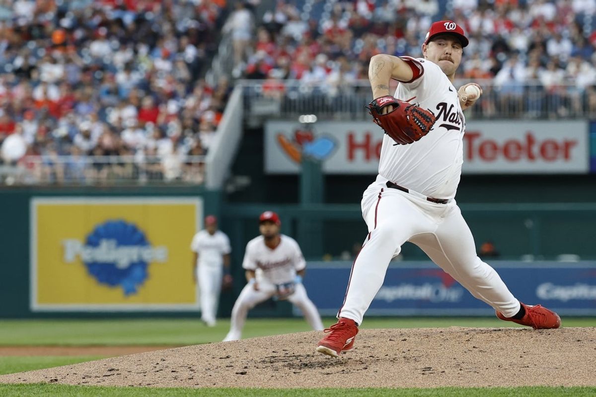 Apr 22, 2025; Washington, District of Columbia, USA; Washington Nationals pitcher Mitchell Parker (70) pitches against the Baltimore Orioles during the second inning at Nationals Park. Mandatory Credit: Geoff Burke-Imagn Images
