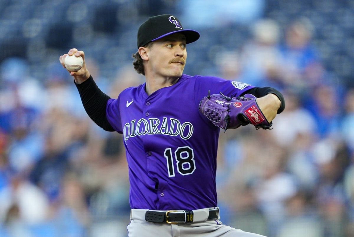 Apr 22, 2025; Kansas City, Missouri, USA; Colorado Rockies starting pitcher Ryan Feltner (18) pitches during the first inning against the Kansas City Royals at Kauffman Stadium. Mandatory Credit: Jay Biggerstaff-Imagn Images