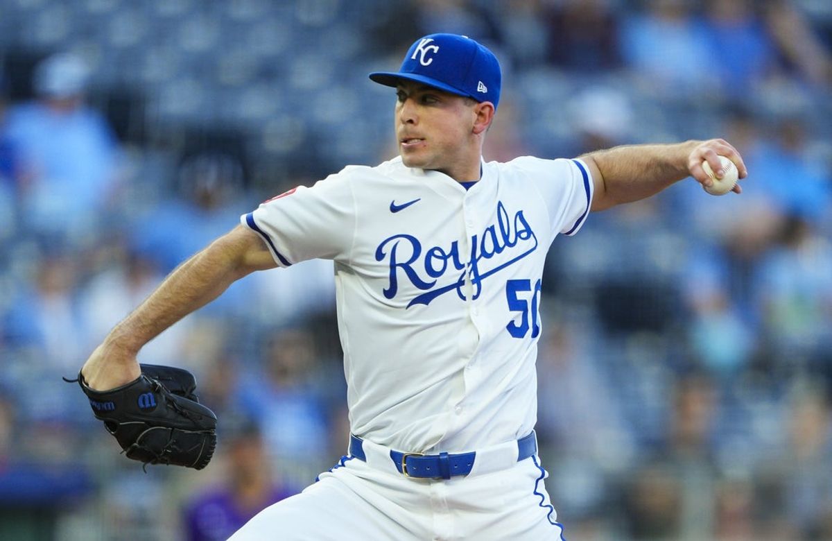 Apr 22, 2025; Kansas City, Missouri, USA; Kansas City Royals starting pitcher Kris Bubic (50) pitches during the first inning against the Colorado Rockies at Kauffman Stadium. Mandatory Credit: Jay Biggerstaff-Imagn Images