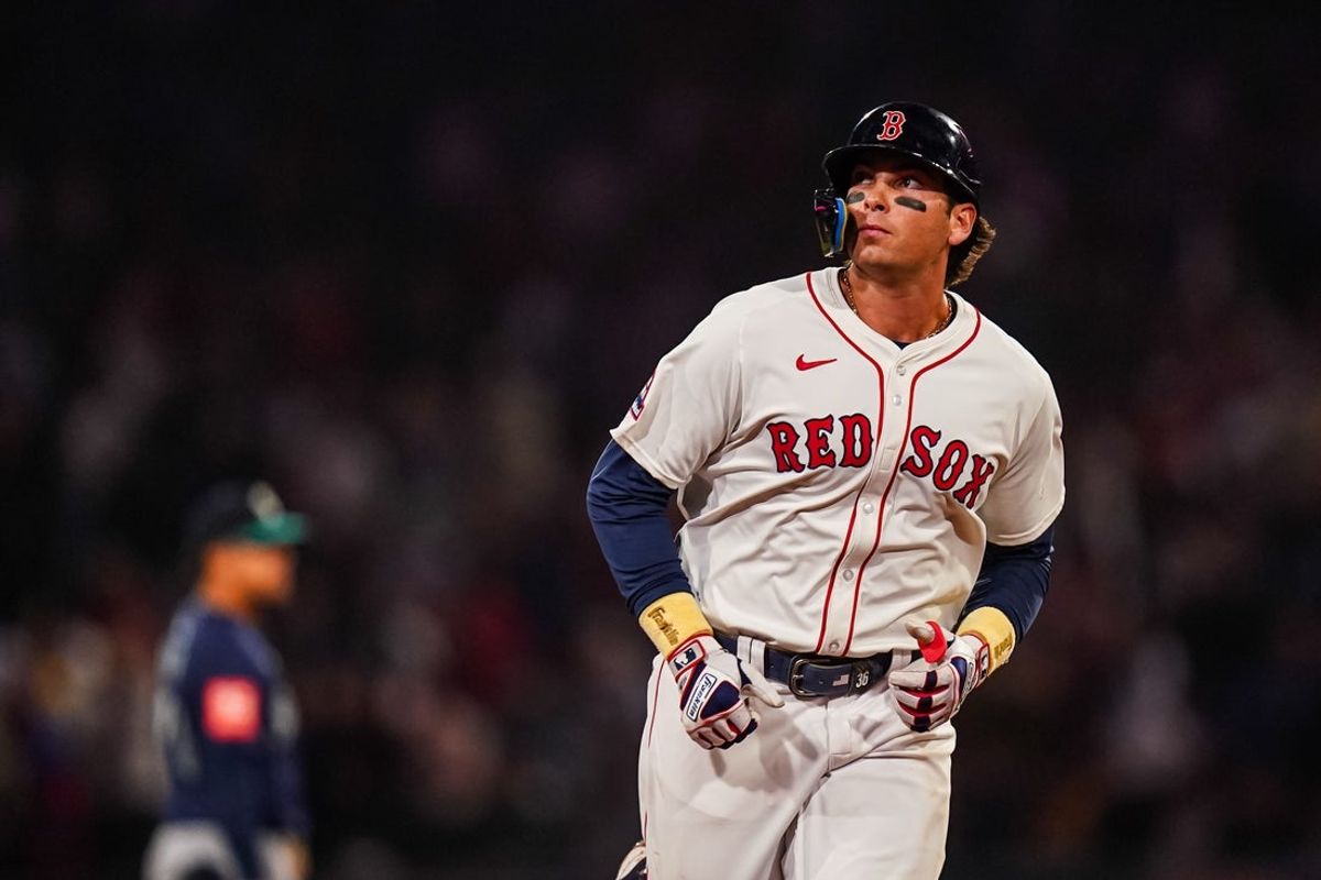 Apr 22, 2025; Boston, Massachusetts, USA; Boston Red Sox first base Triston Casas (36) hits a three run home run against the Seattle Mariners in the seventh inning at Fenway Park. Mandatory Credit: David Butler II-Imagn Images