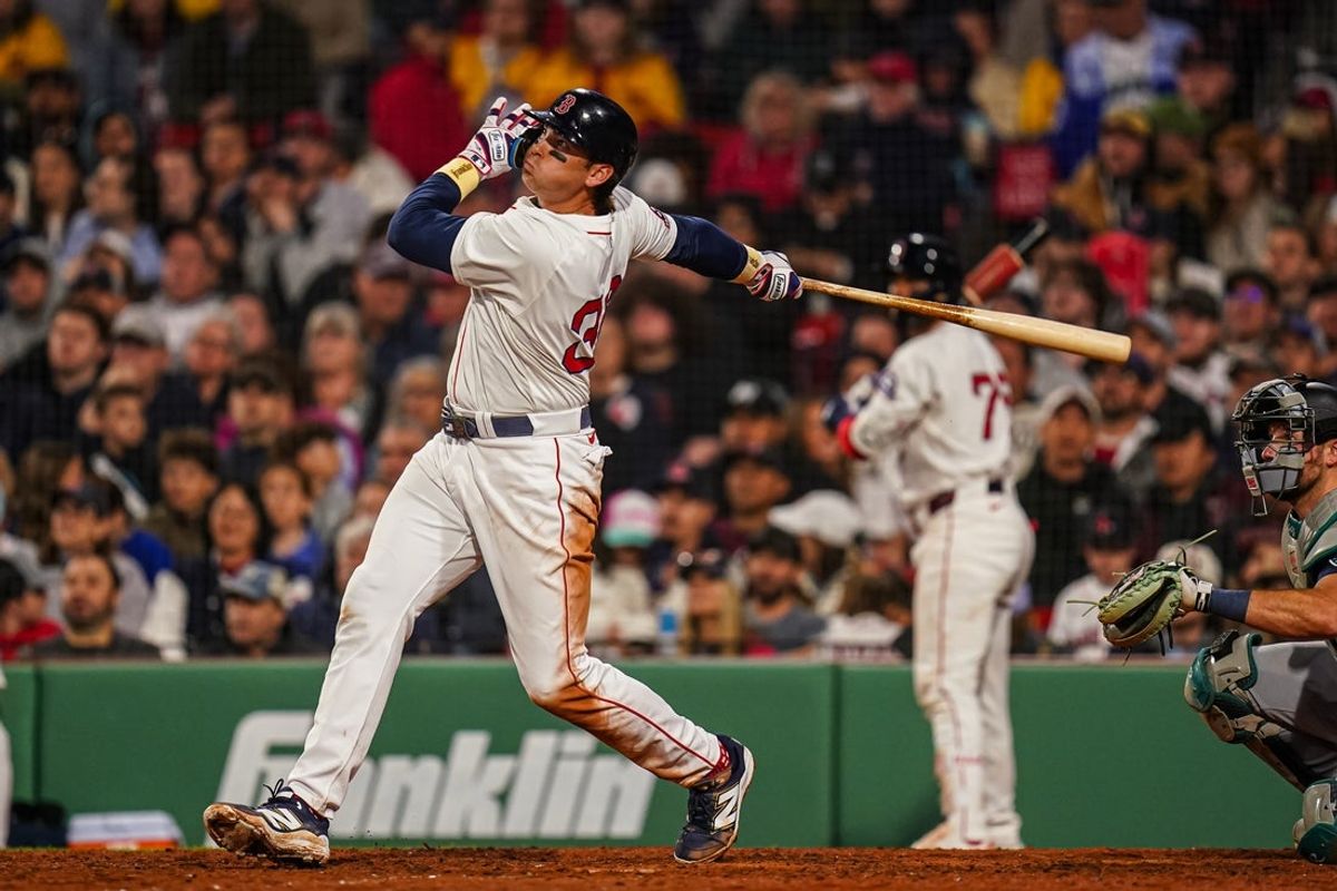 Apr 22, 2025; Boston, Massachusetts, USA; Boston Red Sox first base Triston Casas (36) hits a three run home run against the Seattle Mariners in the seventh inning at Fenway Park. Mandatory Credit: David Butler II-Imagn Images
