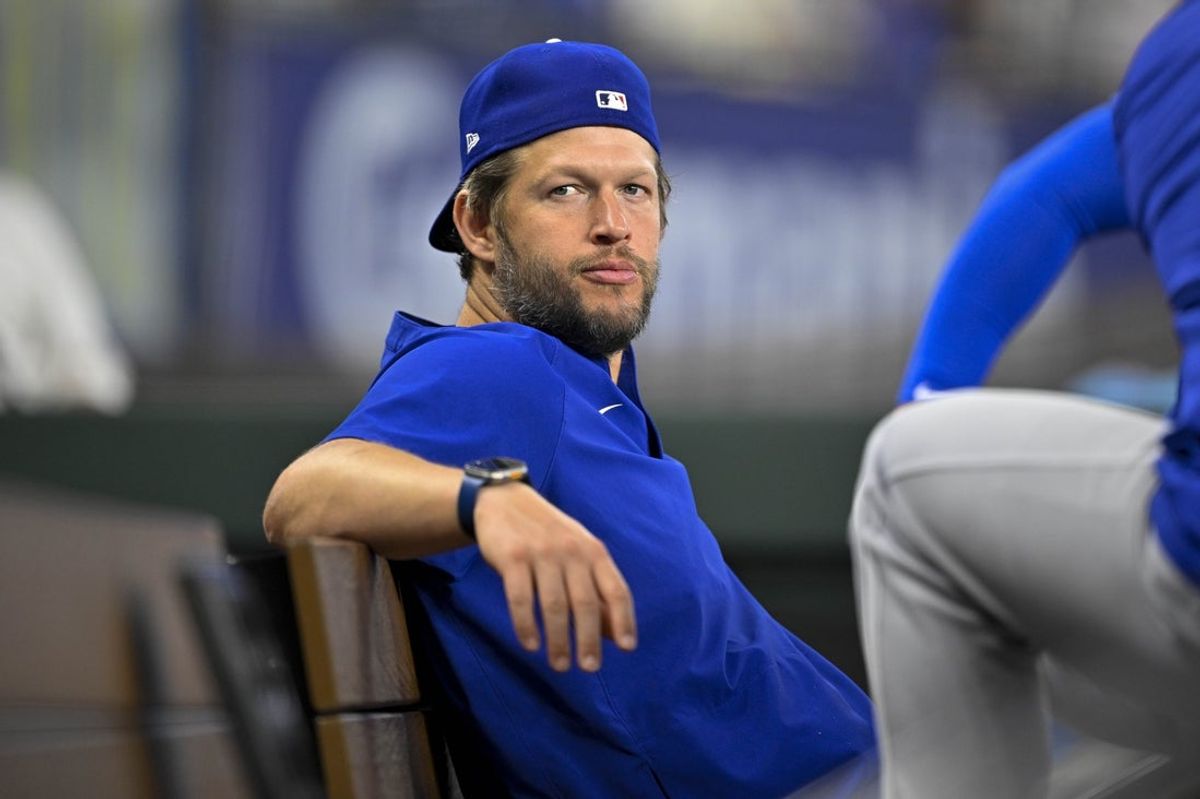 Apr 20, 2025; Arlington, Texas, USA; Los Angeles Dodgers pitcher Clayton Kershaw looks during the game between the Texas Rangers and the Los Angeles Dodgers at Globe Life Field. Mandatory Credit: Jerome Miron-Imagn Images