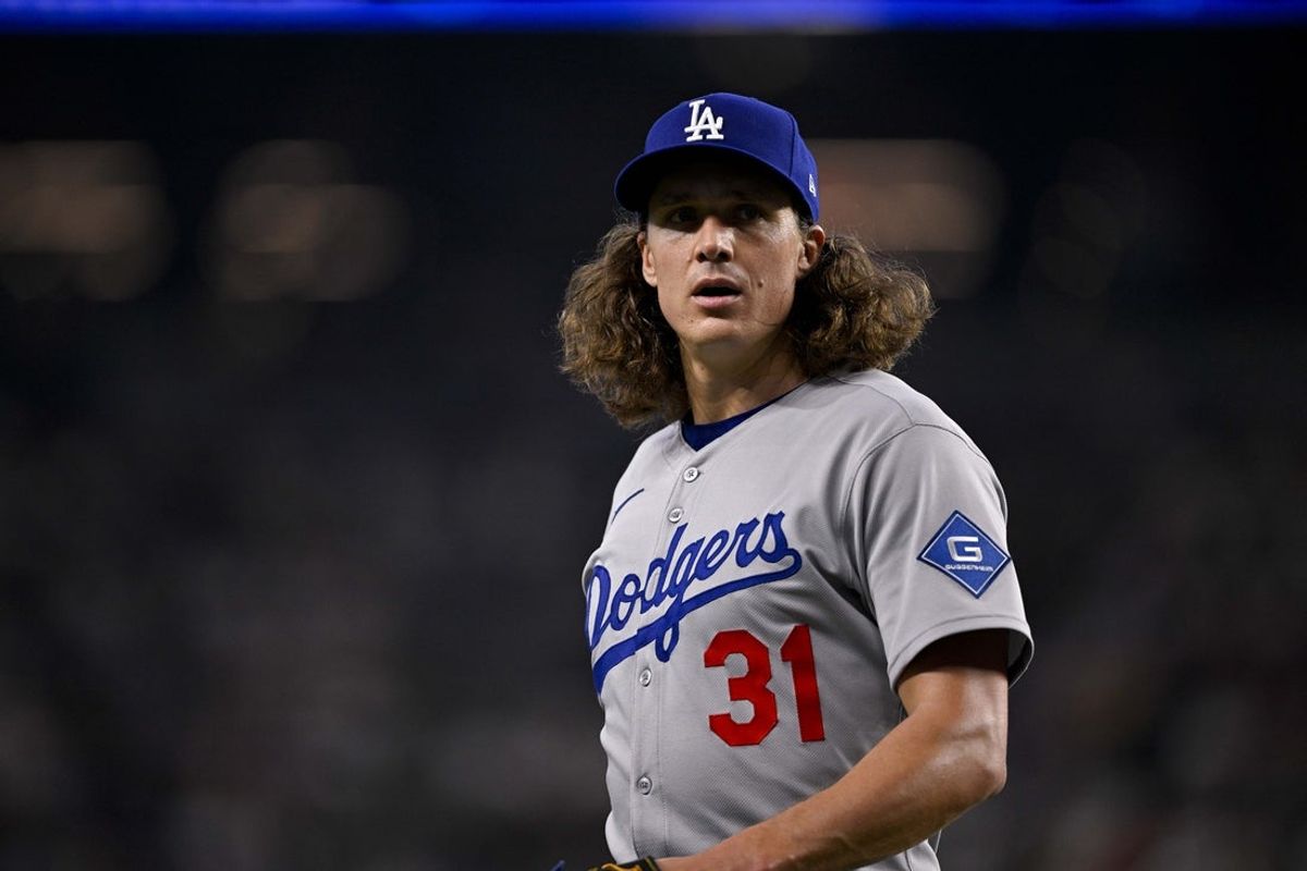 Apr 20, 2025; Arlington, Texas, USA; Los Angeles Dodgers starting pitcher Tyler Glasnow (31) comes off the field during the game between the Texas Rangers and the Los Angeles Dodgers at Globe Life Field. Mandatory Credit: Jerome Miron-Imagn Images