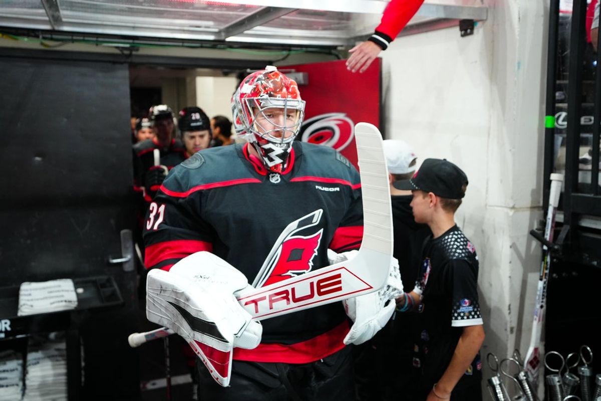 Apr 22, 2025; Raleigh, North Carolina, USA; Carolina Hurricanes goaltender Frederik Andersen (31) comes out of the locker room for the warmups before the game against the New Jersey Devils in game two of the first round of the 2025 Stanley Cup Playoffs at Lenovo Center. Mandatory Credit: James Guillory-Imagn Images