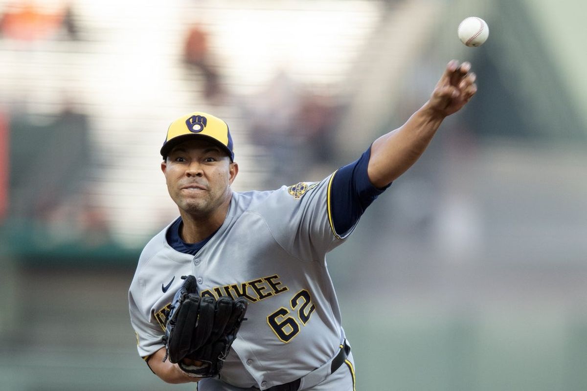 Apr 22, 2025; San Francisco, California, USA; Milwaukee Brewers starting pitcher Jose Quintana (62) delivers a pitch against the San Francisco Giants during the first inning at Oracle Park. Mandatory Credit: D. Ross Cameron-Imagn Images