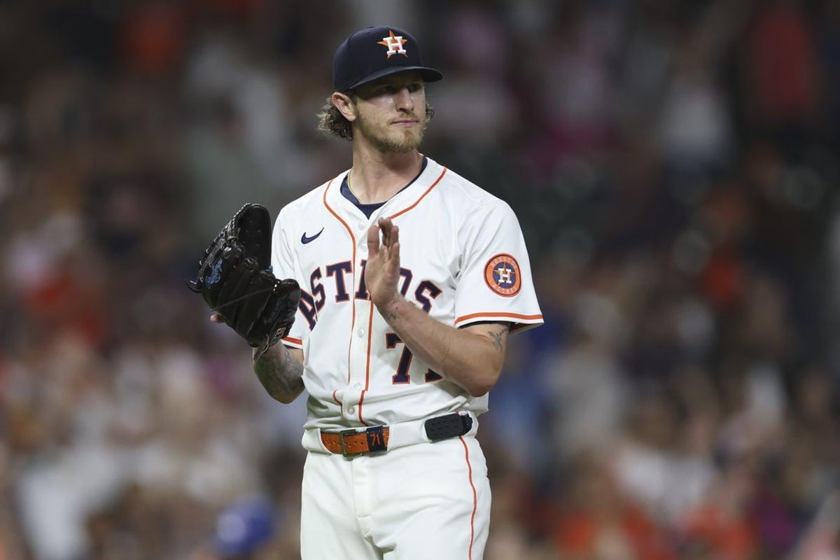 Apr 22, 2025; Houston, Texas, USA; Houston Astros relief pitcher Josh Hader (71) reacts after the final out during the ninth inning against the Toronto Blue Jays at Daikin Park. Mandatory Credit: Troy Taormina-Imagn Images