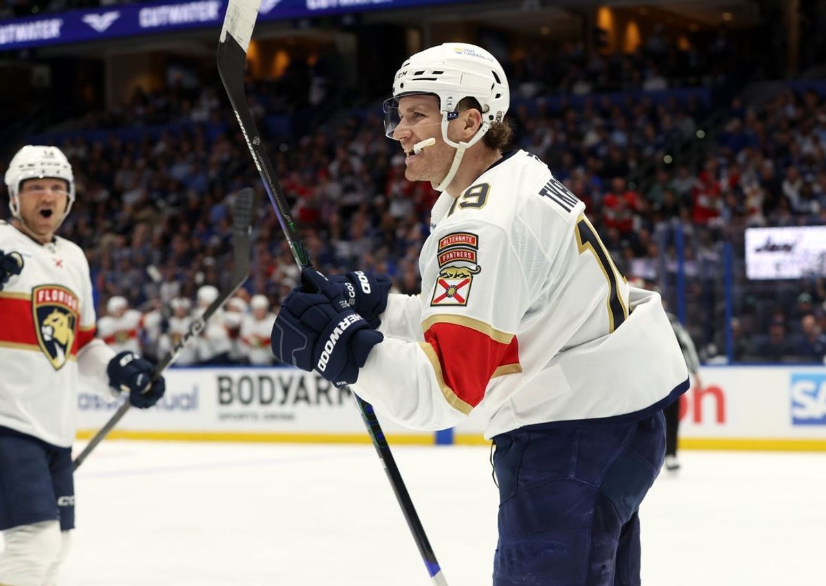 Apr 22, 2025; Tampa, Florida, USA; Florida Panthers left wing Matthew Tkachuk (19) celebrates after he scored a goal against the Tampa Bay Lightning during the second period in game one of the first round of the 2025 Stanley Cup Playoffs at Amalie Arena. Mandatory Credit: Kim Klement Neitzel-Imagn Images