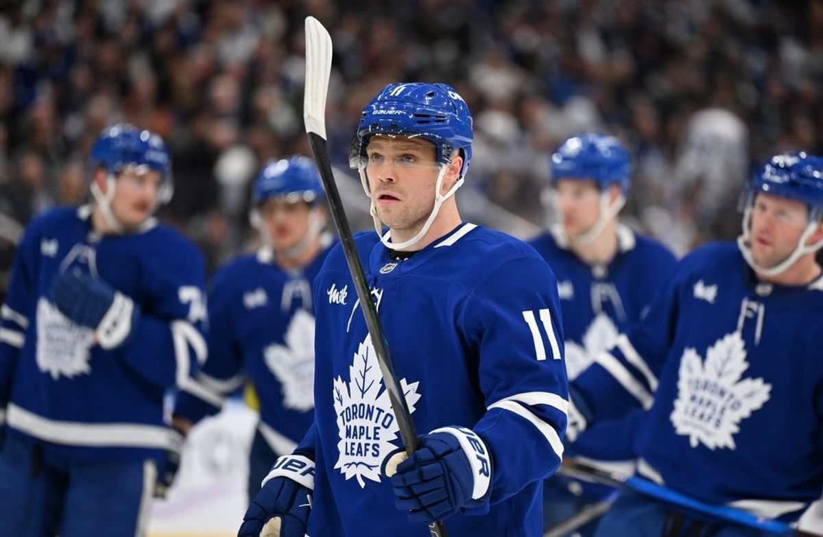 Apr 22, 2025; Toronto, Ontario, CAN;  Toronto Maple Leafs forward Max Domi (11) prepares for a faceoff against the Ottawa Senators in the third period in game two of the first round of the 2025 Stanley Cup Playoffs at Scotiabank Arena. Mandatory Credit: Dan Hamilton-Imagn Images