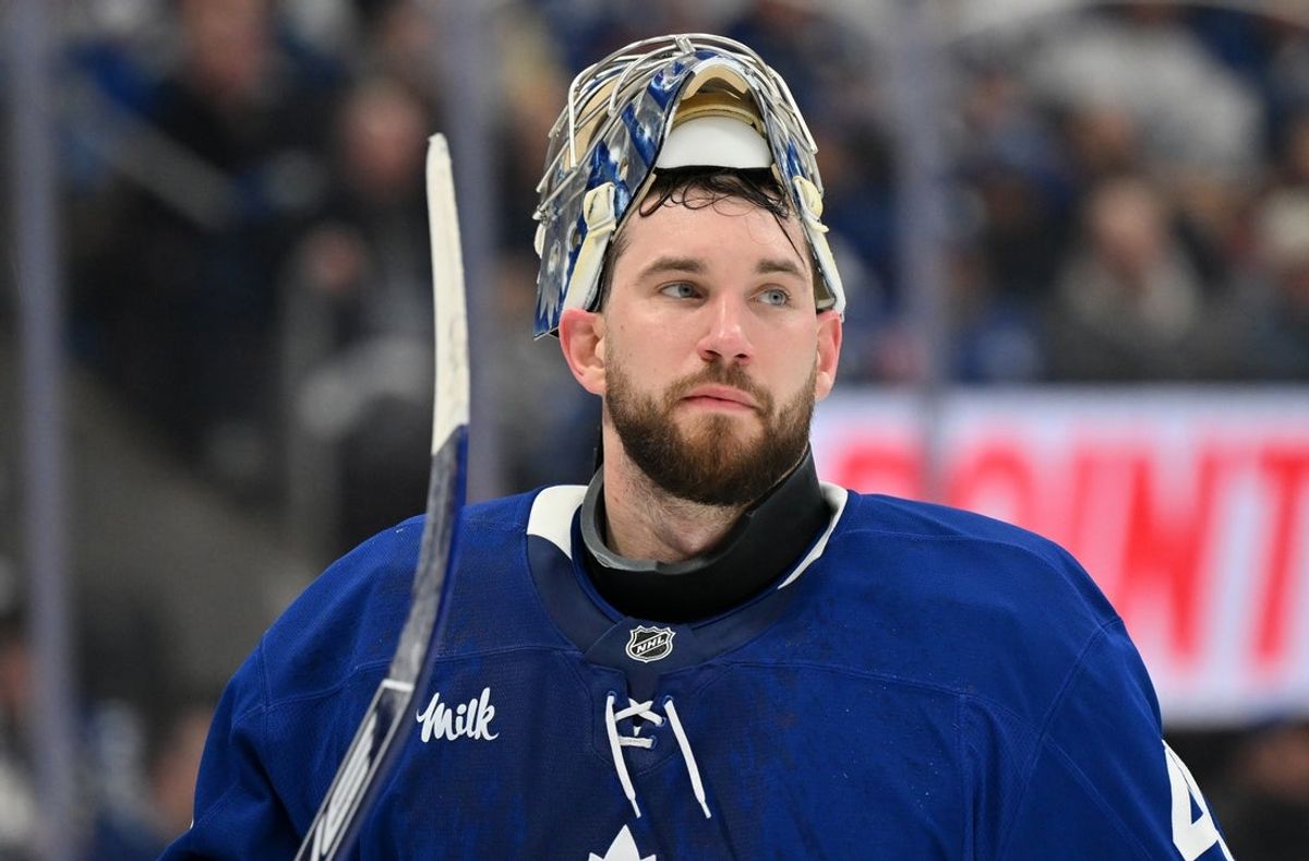 Apr 22, 2025; Toronto, Ontario, CAN;  Toronto Maple Leafs goalie Anthony Stolarz (41) during a timeout against the Ottawa Senators in the second period in game two of the first round of the 2025 Stanley Cup Playoffs at Scotiabank Arena. Mandatory Credit: Dan Hamilton-Imagn Images