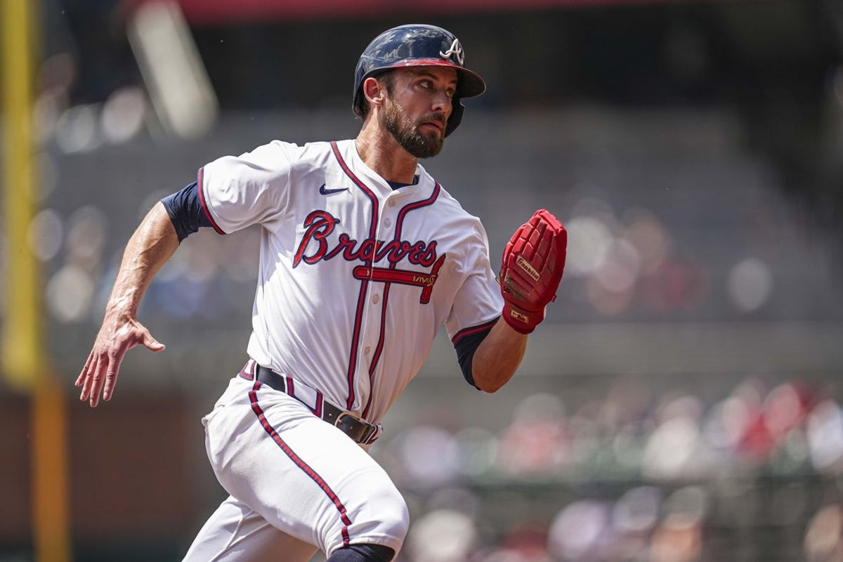 Apr 23, 2025; Cumberland, Georgia, USA; Atlanta Braves outfielder Eli White (36) runs to third base against the St. Louis Cardinals during the second inning at Truist Park. Mandatory Credit: Dale Zanine-Imagn Images