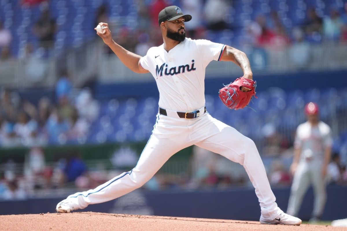 Apr 23, 2025; Miami, Florida, USA;  Miami Marlins pitcher Sandy Alcantara (22) pitches in the first inning against the Cincinnati Reds at loanDepot Park. Mandatory Credit: Jim Rassol-Imagn Images