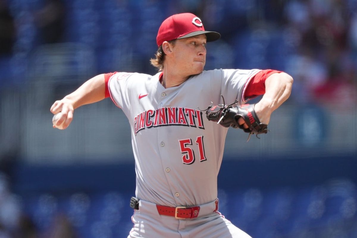 Apr 23, 2025; Miami, Florida, USA;  Cincinnati Reds pitcher Brady Singer (51) pitches in the first inning against the Miami Marlins at loanDepot Park. Mandatory Credit: Jim Rassol-Imagn Images