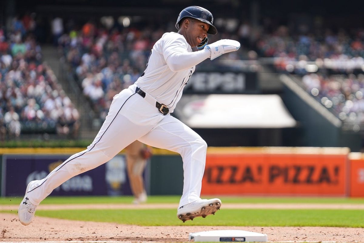 Detroit Tigers designated hitter Justyn-Henry Malloy (44) runs past third base against San Diego Padres during the seventh inning at Comerica Park in Detroit on Wednesday, April 23, 2025.