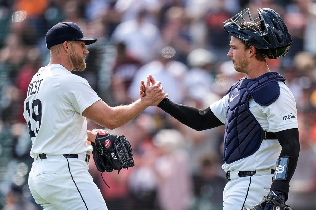 Detroit Tigers pitcher Will Vest (19), left, and d13#21 celebrate 6-0 win over San Diego Padres after pitching the ninth inning at Comerica Park in Detroit on Wednesday, April 23, 2025.