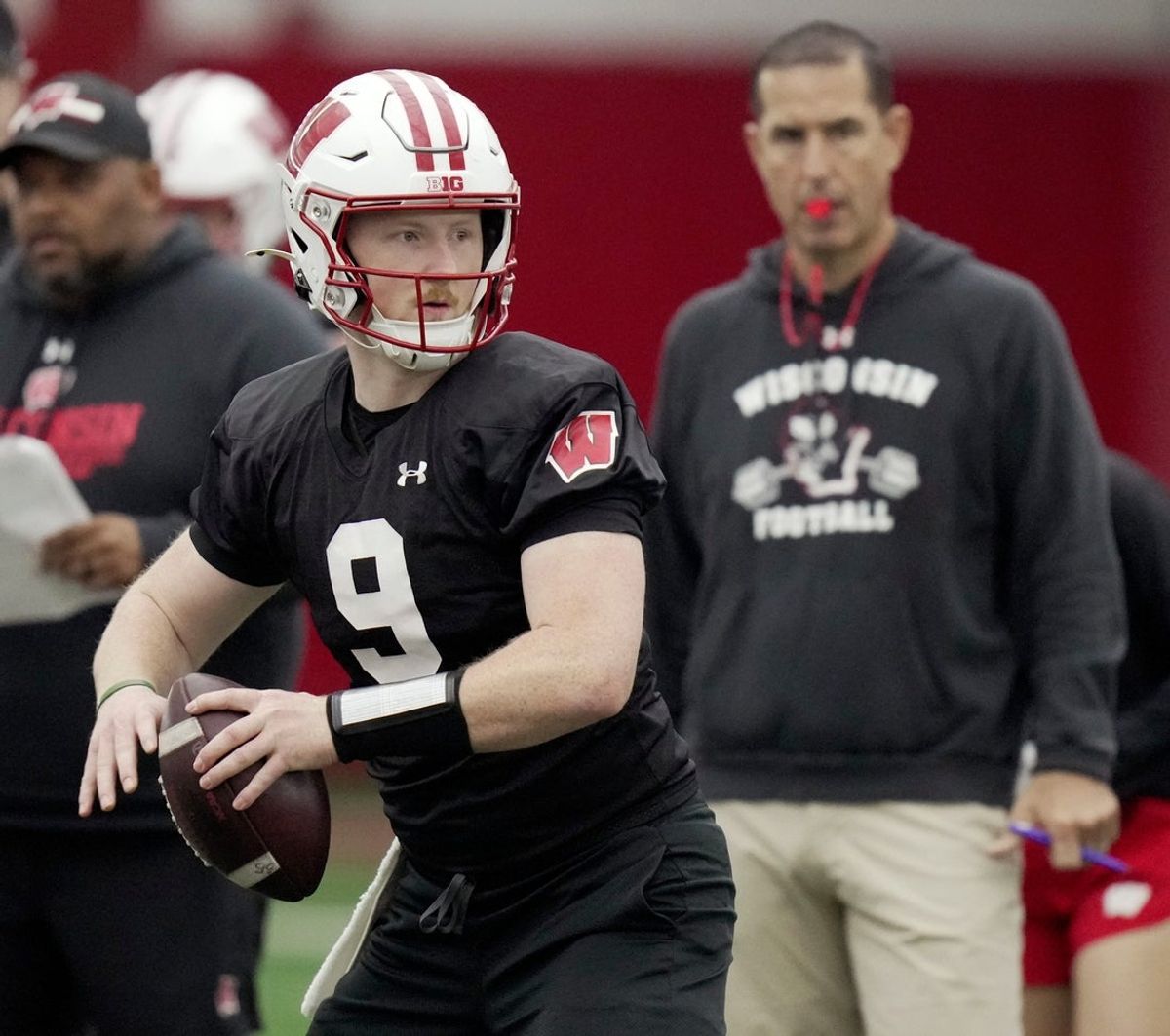 Wisconsin quarterback Billy Edwards Jr. (9) is shown during spring football practice Wednesday, April 23, 2025 in Madison, Wisconsin.

Mark Hoffman/Milwaukee Journal Sentinel