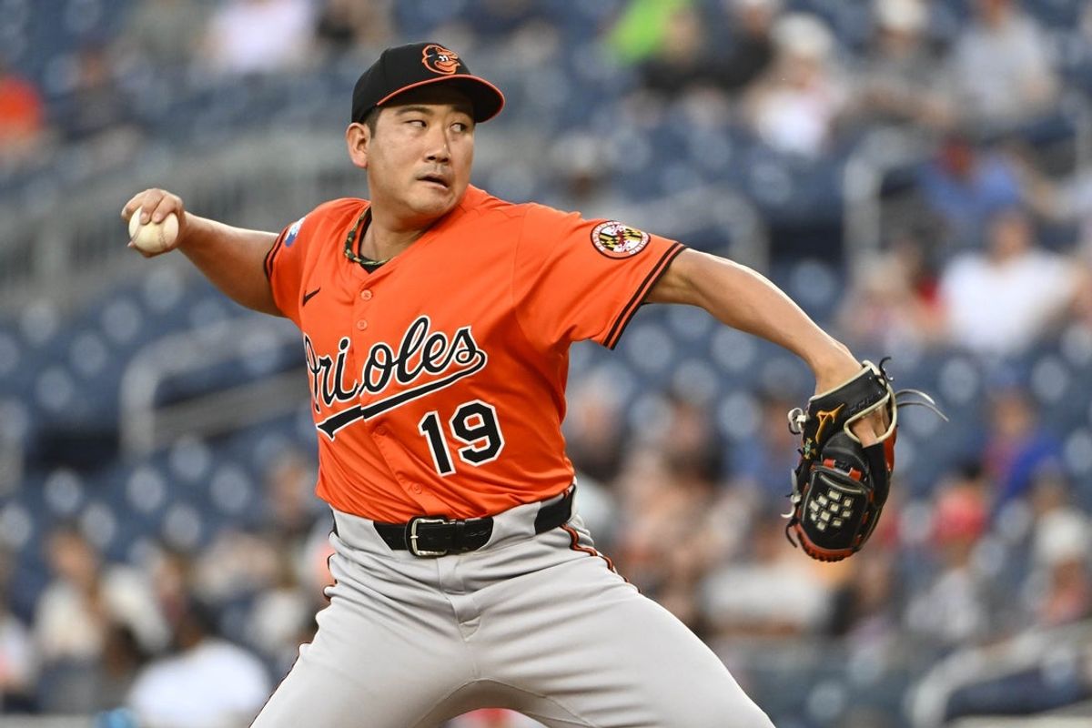 Apr 23, 2025; Washington, District of Columbia, USA; Baltimore Orioles pitcher Tomoyuki Sugano (19) throws to the Washington Nationals during the second inning at Nationals Park. Mandatory Credit: Brad Mills-Imagn Images