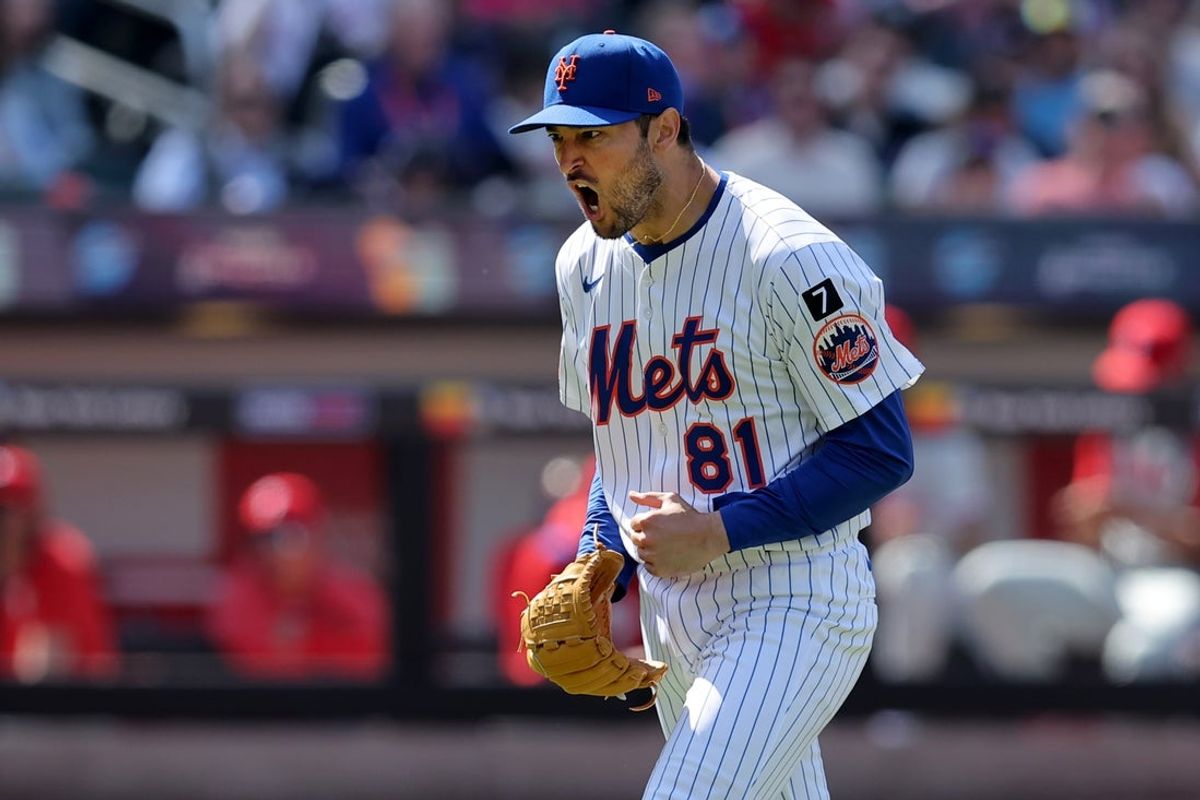 Apr 23, 2025; New York City, New York, USA; New York Mets relief pitcher Danny Young (81) reacts during the seventh inning against the Philadelphia Phillies at Citi Field. Mandatory Credit: Brad Penner-Imagn Images