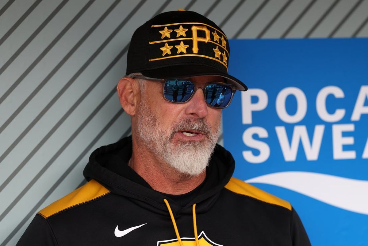 Apr 23, 2025; Anaheim, California, USA;  Pittsburgh Pirates manager Derek Shelton (17) speaks to media before the game against the Los Angeles Angels at Angel Stadium. Mandatory Credit: Kiyoshi Mio-Imagn Images