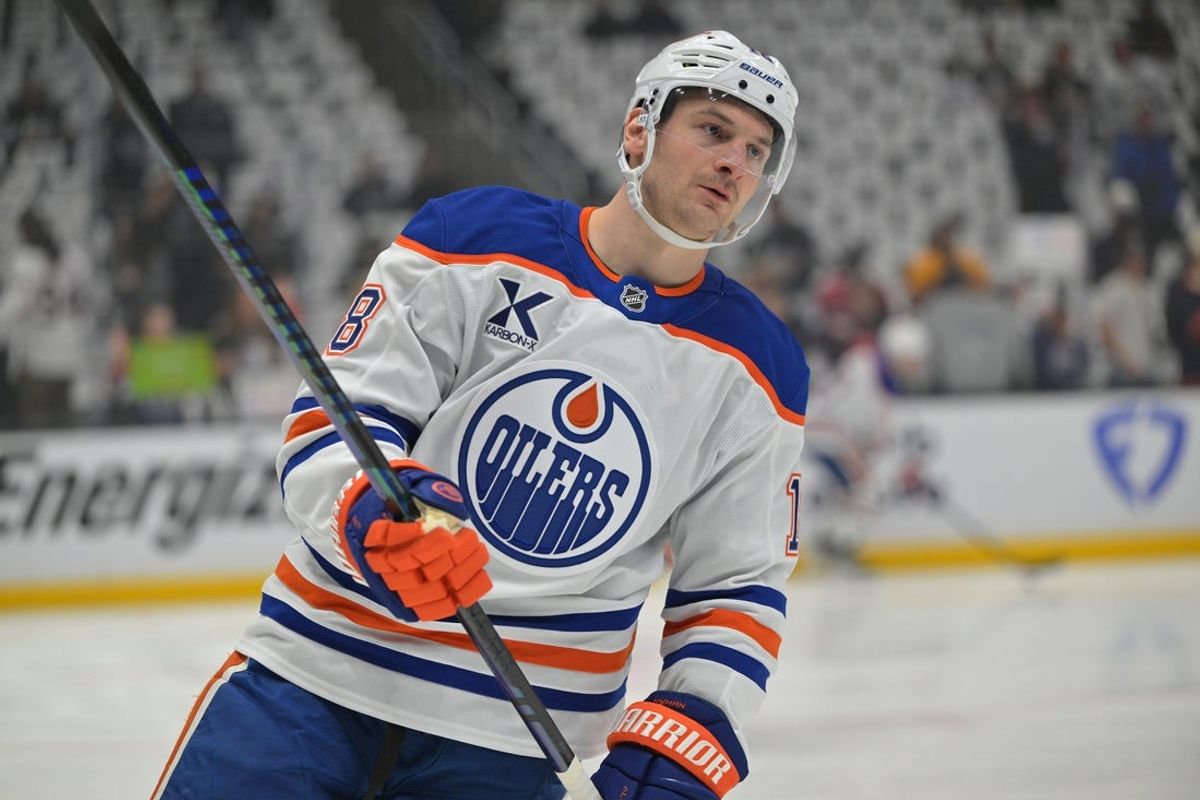 Apr 23, 2025; Los Angeles, California, USA;  Edmonton Oilers left wing Zach Hyman (18) warms up for game 2 of the 2025 Stanley Cup Playoffs against the Los Angeles Kings at Crypto.com Arena. Mandatory Credit: Jayne Kamin-Oncea-Imagn Images
