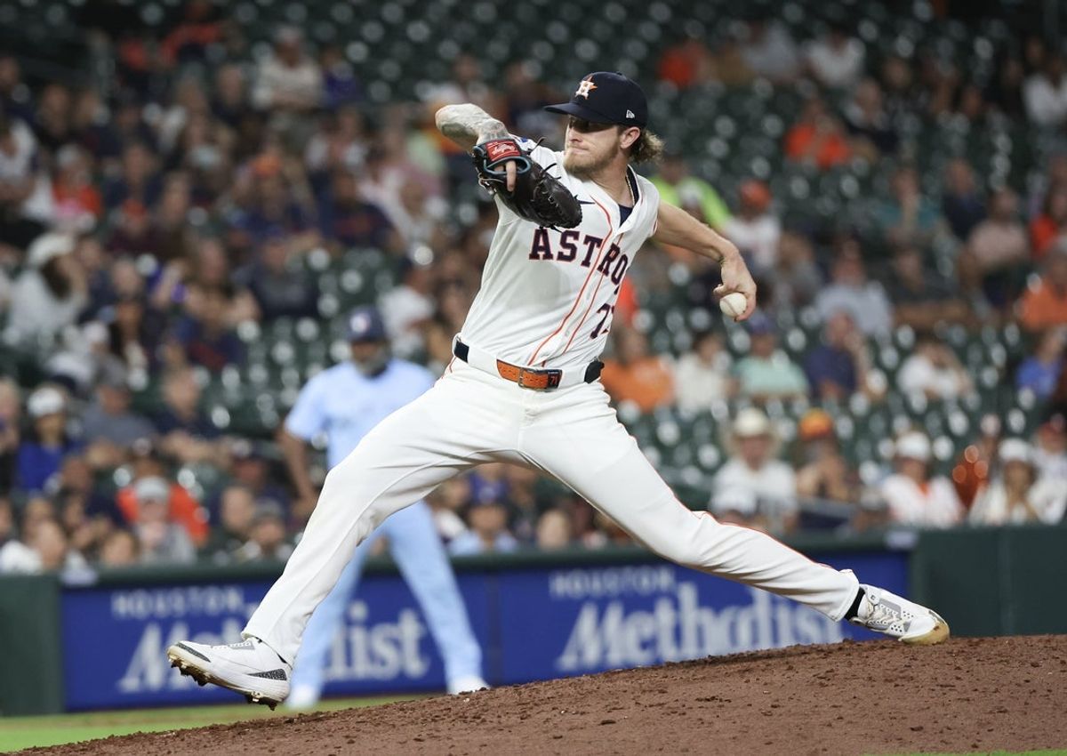 Apr 23, 2025; Houston, Texas, USA;Houston Astros relief pitcher Josh Hader (71) pitches against the Toronto Blue Jays in the ninth inning at Daikin Park. Mandatory Credit: Thomas Shea-Imagn Images
