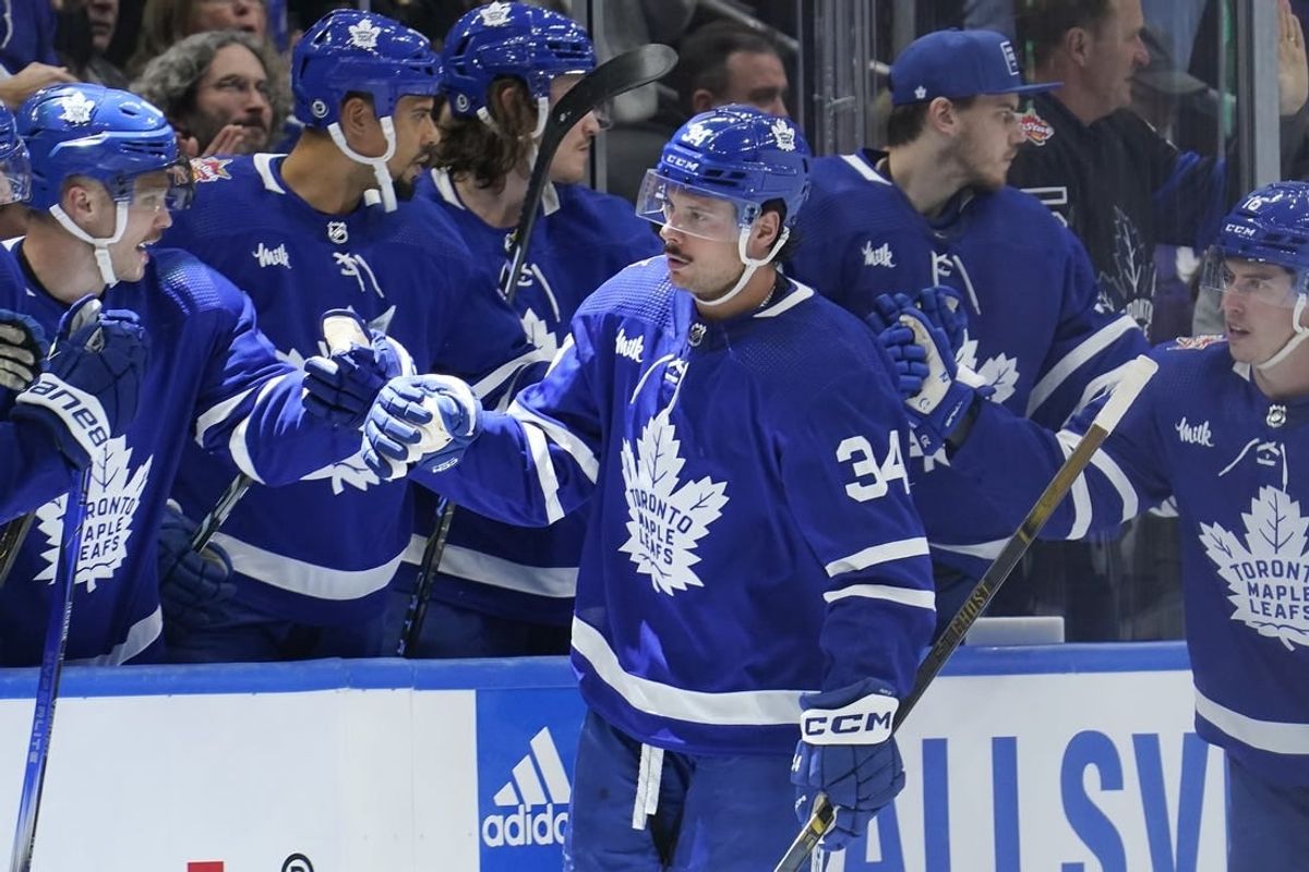 Nov 6, 2023; Toronto, Ontario, CAN; Toronto Maple Leafs forward Auston Matthews (34) celebrates with teammates after a goal against the Tampa Bay Lightning during the second period at Scotiabank Arena.