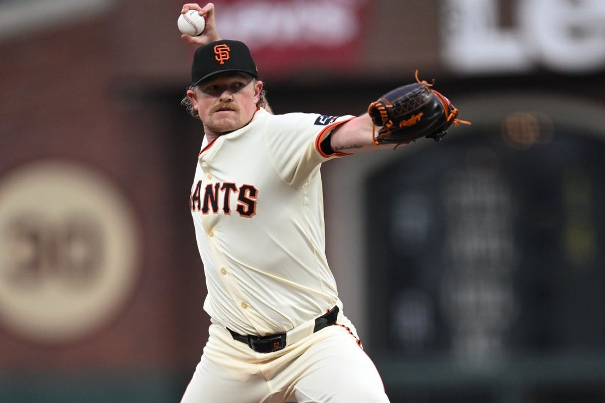 Apr 23, 2025; San Francisco, California, USA; San Francisco Giants starting pitcher Logan Webb (62) throws against the Milwaukee Brewers in the first inning at Oracle Park. Mandatory Credit: Eakin Howard-Imagn Images