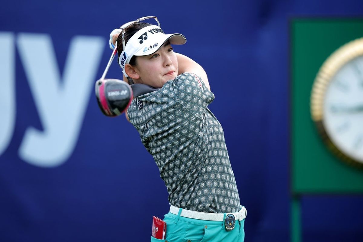 Apr 24, 2025; The Woodlands, Texas, USA; Chisato Iwai of Japan hits a tee shot at the first hole during the first round of The Chevron Championship golf tournament. Mandatory Credit: Erik Williams-Imagn Images
