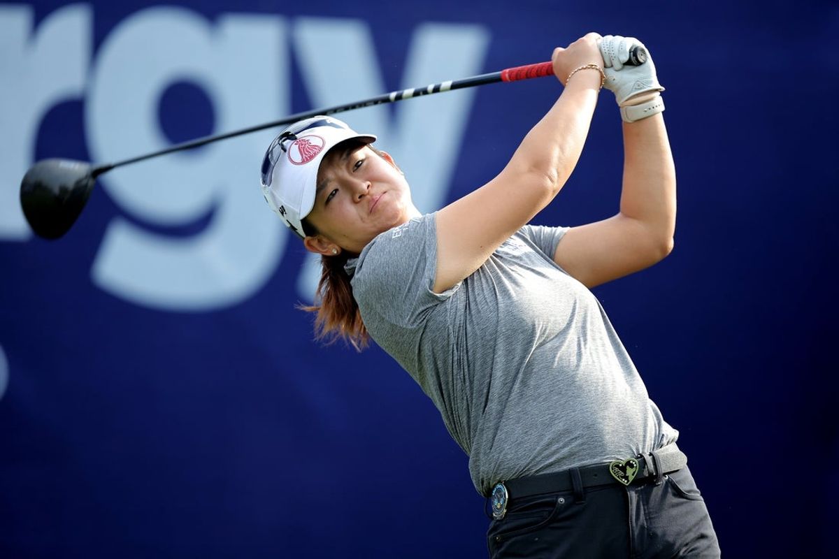 Apr 24, 2025; The Woodlands, Texas, USA; Jenny Bae hits a tee shot at the first hole during the first round of The Chevron Championship golf tournament. Mandatory Credit: Erik Williams-Imagn Images