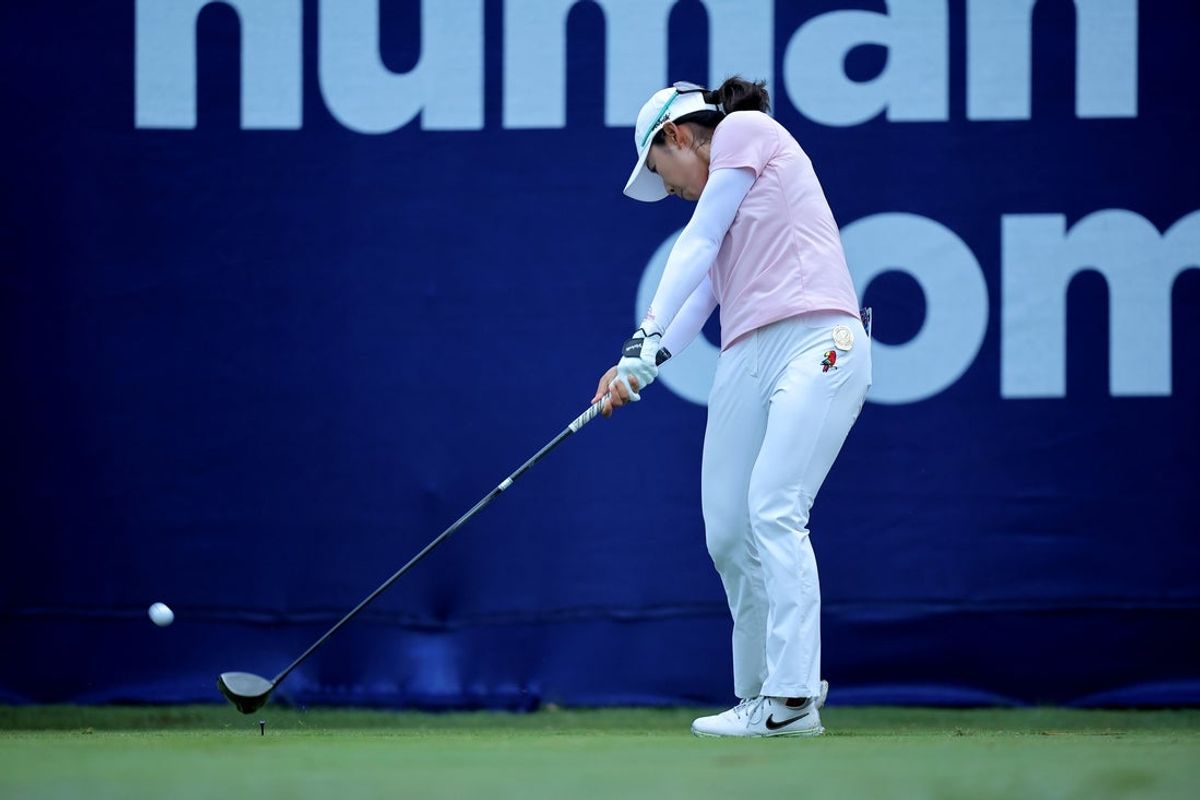 Apr 24, 2025; The Woodlands, Texas, USA; Mi Hyang Lee of Korea hits a tee shot at the first hole during the first round of The Chevron Championship golf tournament. Mandatory Credit: Erik Williams-Imagn Images