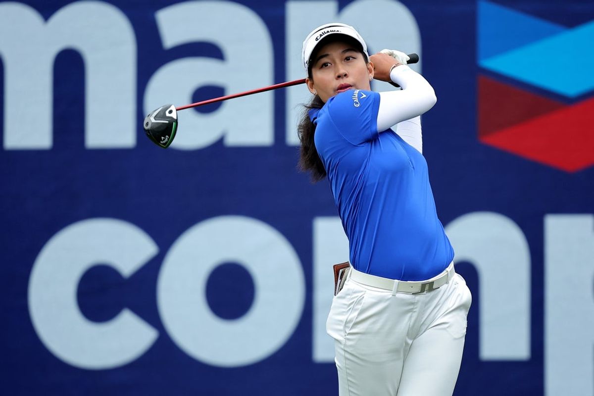 Apr 24, 2025; The Woodlands, Texas, USA; Jeeno Thitikul of Thailand hits a tee shot at the first hole during the first round of The Chevron Championship golf tournament. Mandatory Credit: Erik Williams-Imagn Images