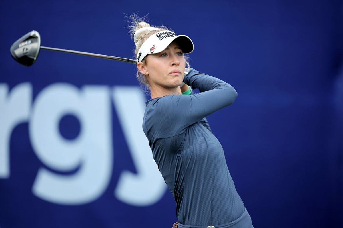 Apr 24, 2025; The Woodlands, Texas, USA; Nelly Korda hits a tee shot at the first hole during the first round of The Chevron Championship golf tournament. Mandatory Credit: Erik Williams-Imagn Images